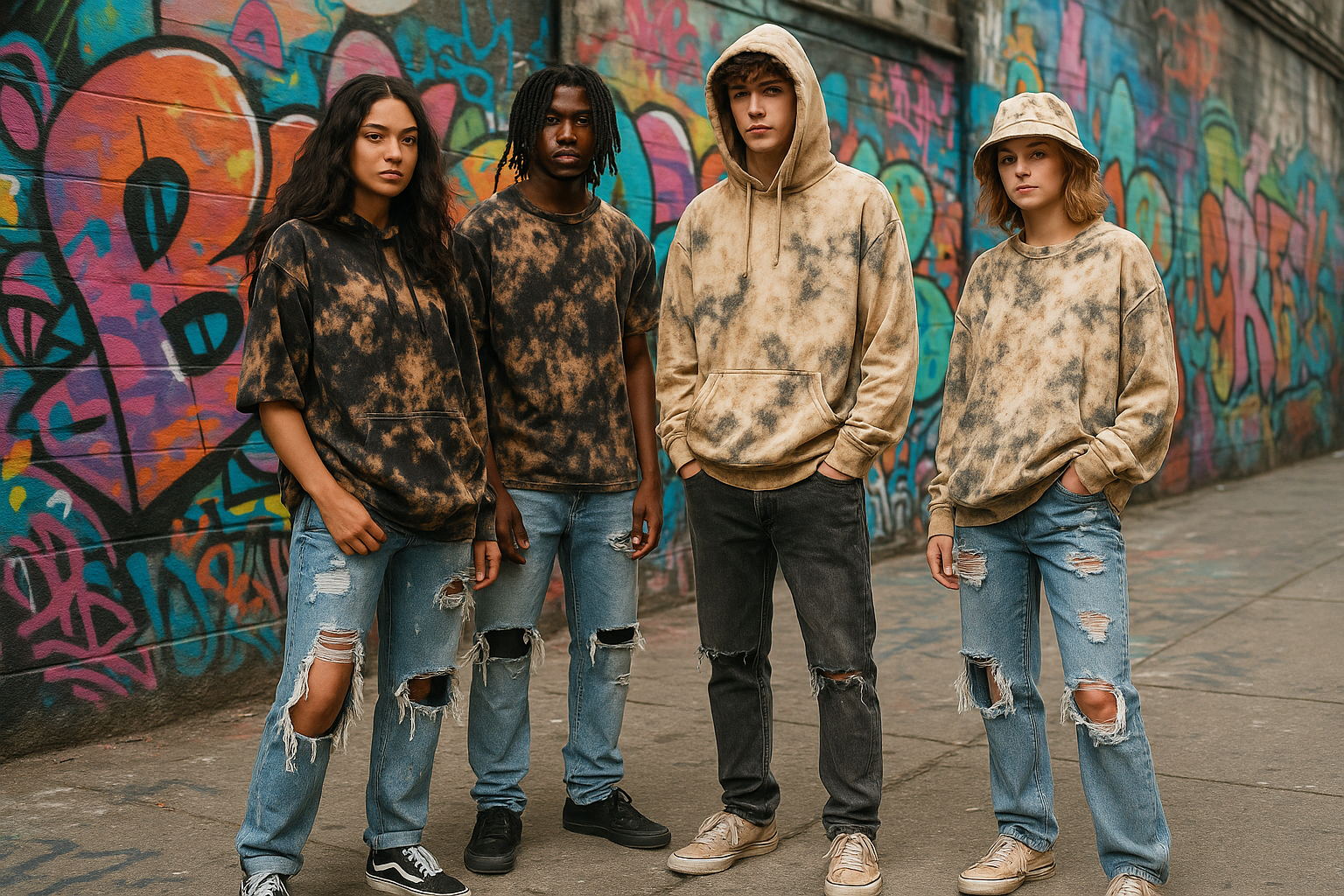 Graffiti walls with a whole group wearing bleach wear