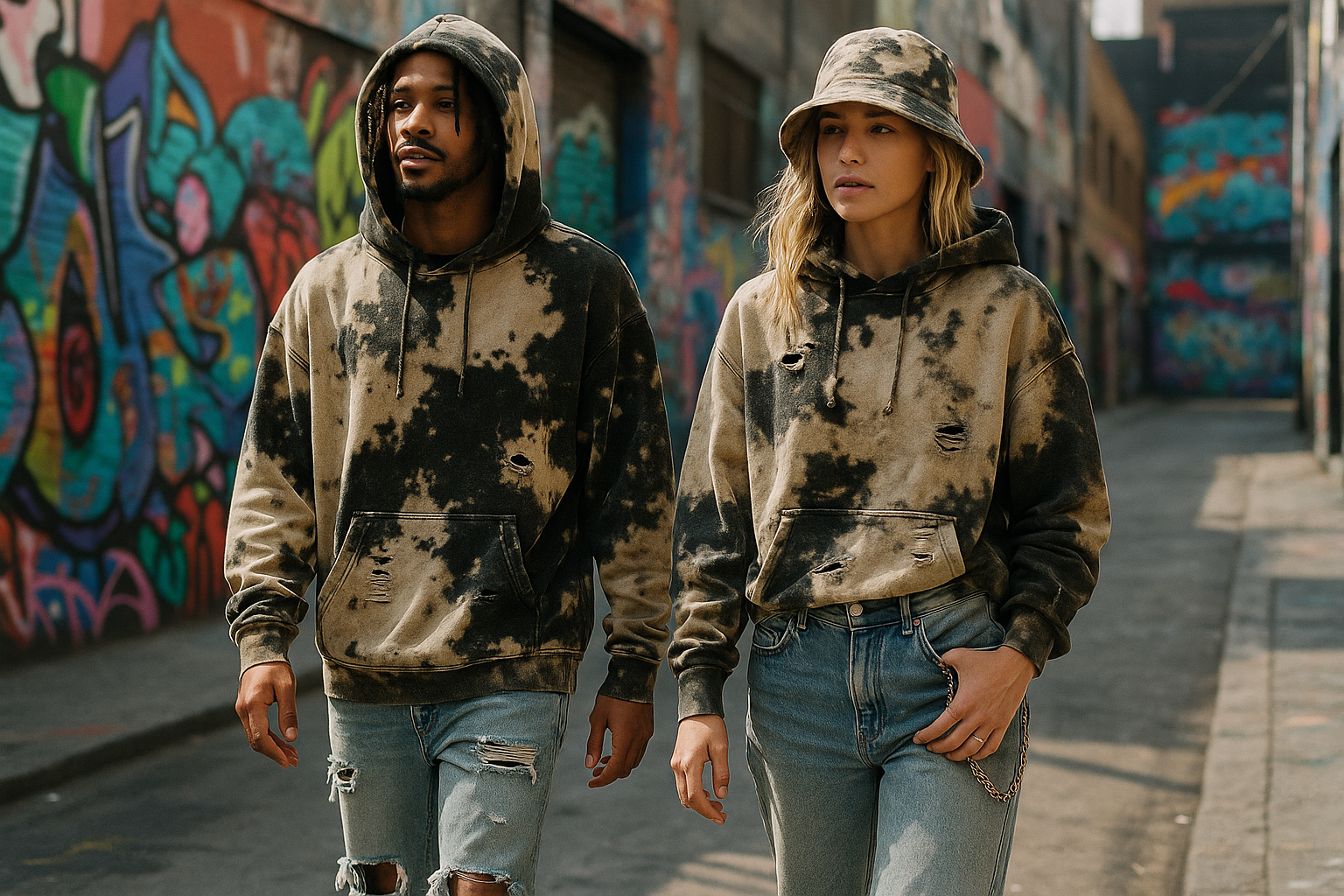Two people walking down a street with graffiti walls with bleached streetwear
